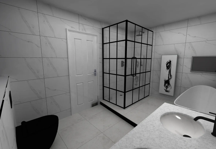 image of 3D CGI bathroom design of a large bathroom space with a crittall shower enclosure, black toilet and freestanding bath in a light coloured bathroom